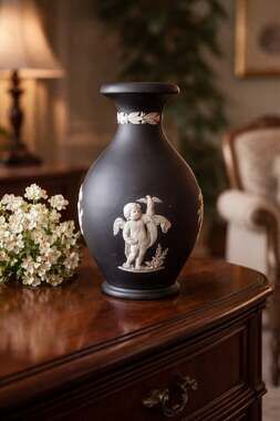 Vintage Wedgwood Black Jasperware Bud Vase with Neoclassical Cherub Cameos